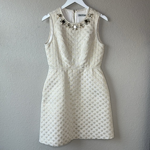 Eliza J Cream Metallic Textured Polka Dot Jeweled Neckline Cocktail Dress Size 8 - Picture 1 of 15
